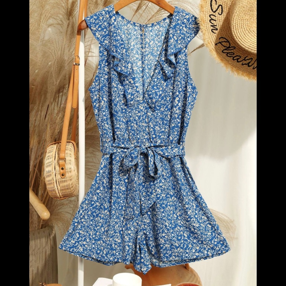 Sleeveless Ditsy Floral Belted Ruffles Romper